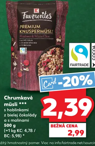 Favorites Premium Chrumkavé müsli s hoblínkami z bielej čokolády a s malinami