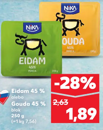 Nika Eidam 45 % plátky alebo Nika Gouda 45 % blok