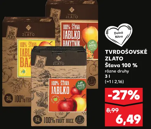 Tvrdošovské zlato šťava 100 % rôzne druhy