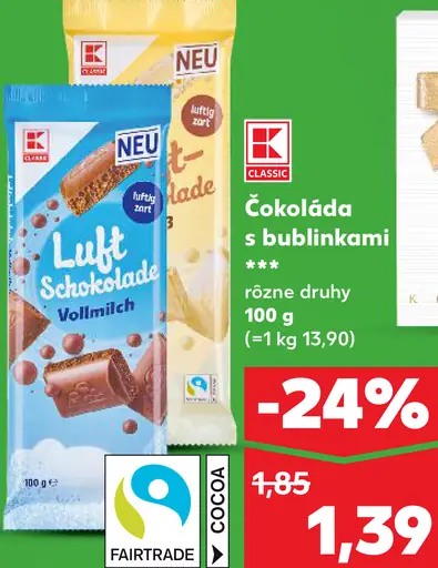 K-Classic Luft Schokolade Vollmilch čokoláda s bublinkami