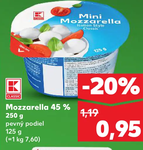 K-Classic Mini mozzarella 45 % pevný podiel