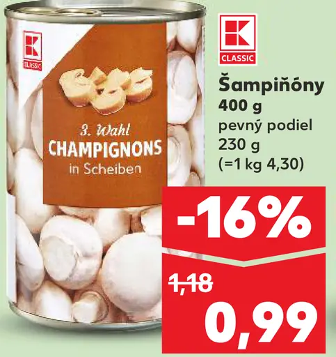 K-Classic Šampiňóny krájané pevný podiel