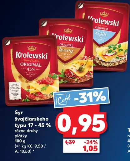 Krolewski syr švajčiarskeho typu 17–45 % plátky rôzne druhy