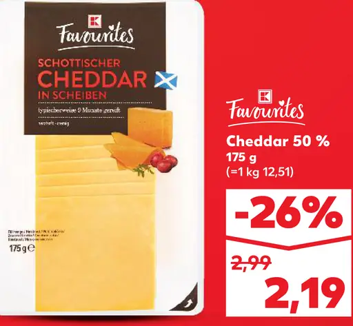 K-Favourites škótsky cheddar plátky 50 %