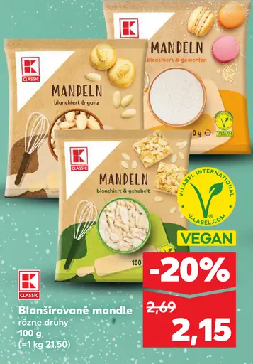 K-Classic blanšírované mandle plátky a drvené rôzne druhy