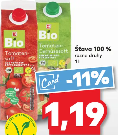 K-Bio džús alebo nápoj z paradajok a zeleniny 100 % šťava