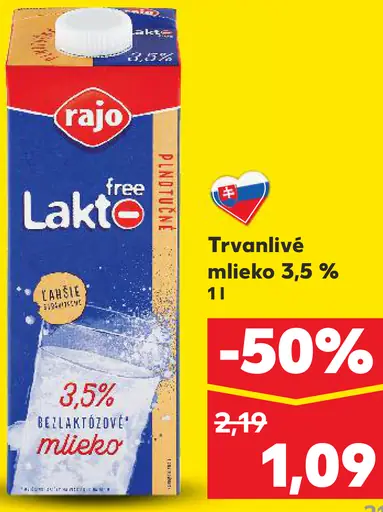 Rajo Lacto Free Trvanlivé mlieko 3,5 %
