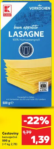 K-Classic Cestoviny lasagne bezvaječné