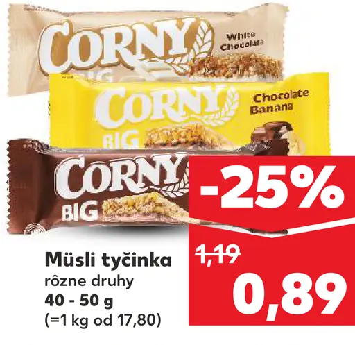 Corny müsli tyčinka rôzne druhy