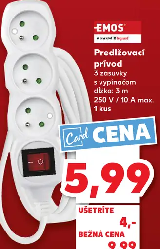 Emos predlžovací prívod 3 zásuvky so spínacím tlačidlom