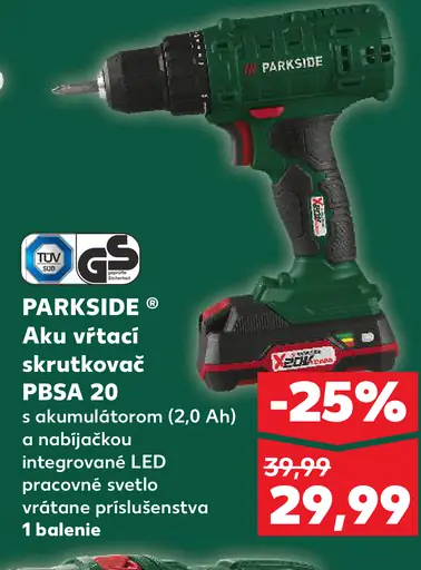 Parkside Aku vŕtací skrutkovač PBSA 20