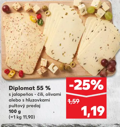 Diplomat 55 % syr s jalapeños, čili, olivami alebo s hluzovkami