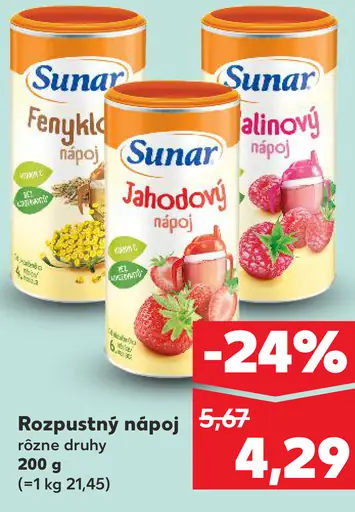 Sunar rozpustný nápoj fenykolový, jahodový, malinový rôzne druhy