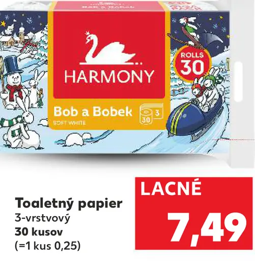 Harmony toaletný papier 3-vrstvový 30 roliek Bob a Bobek