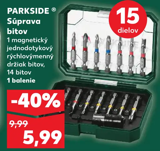 Parkside súprava bitov s magnetickým držiakom – 15 dielov