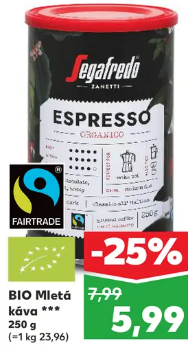 Segafredo BIO mletá káva espresso