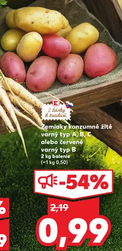 Zemiaky konzumné, skoré žlté, varný typ A alebo B, červené, varný typ B