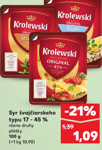 Królewski syr švajčiarskeho typu 17–45 % plátky