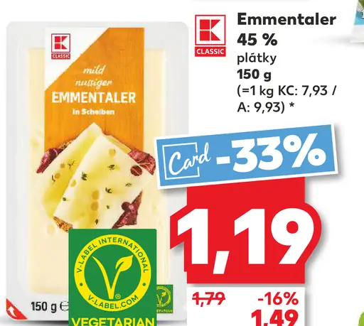 K-Classic Emmentaler plátky syr
