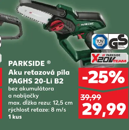 Parkside aku reťazová píla Paghs 20-Li B2 bez akumulátora a nabíjačky