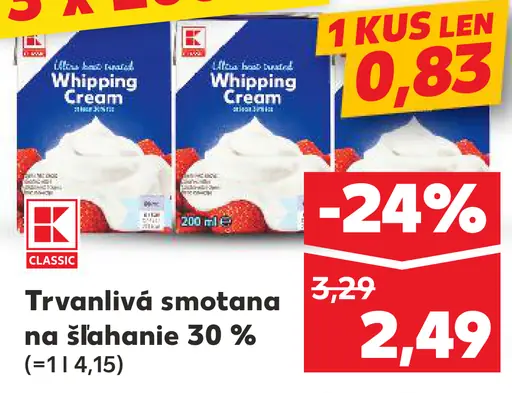 K-Classic Trvanlivá smotana na šľahanie 30 %