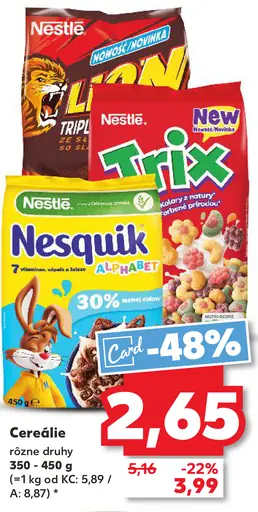 Nestlé cereálie Lion, Nesquik, Trix, Monster Munch Alphabet