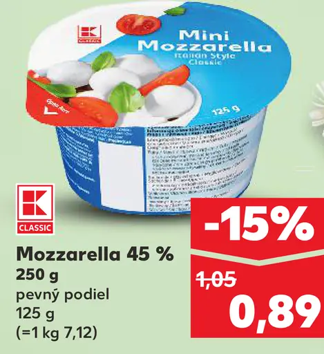K-Classic Mozzarella 45 % pevný podiel