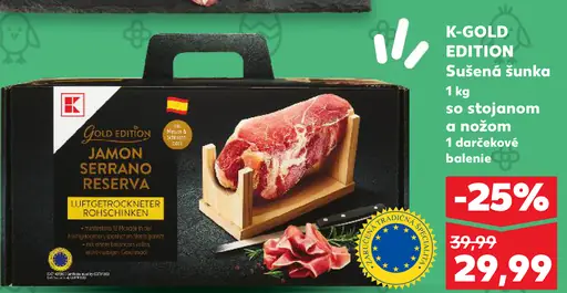 K-Gold Edition sušená šunka 1 kg so stojanom a nožom 1 darčekové balenie