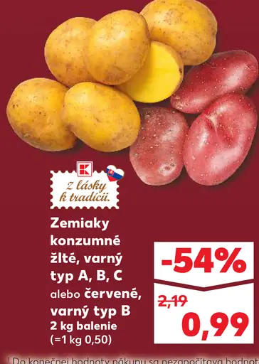 Zemiaky konzumné žlté alebo červené, varný typ A, B, C