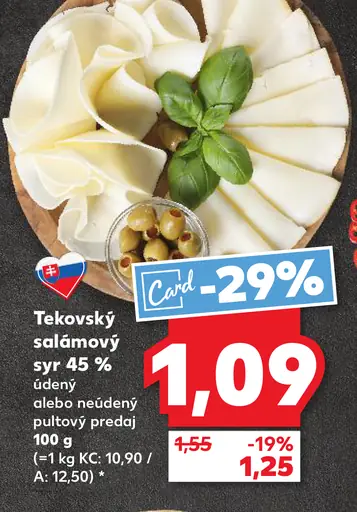 Tekovský salámový syr 45 % údený alebo neúdený