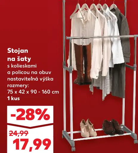 Stojan na šaty s kolieskami a policou na obuv