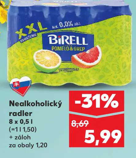 Birell nealkoholický radler pomelo & grep