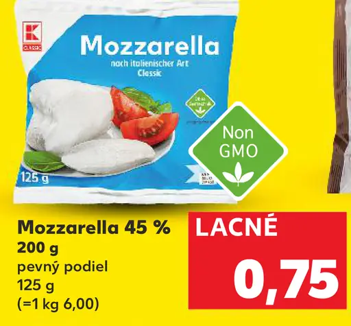 K-Classic Mozzarella 45 % pevný podiel