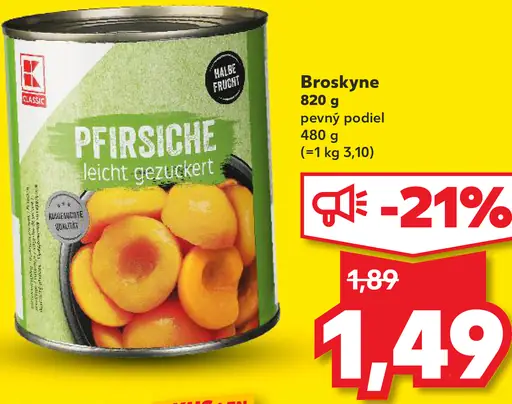 K-Classic broskyne ľahko sladené v náleve konzerva