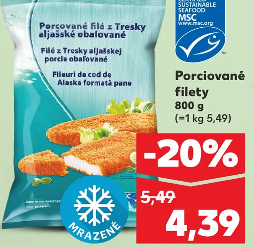 Porciované filety z tresky aljašskej obaľované mrazené