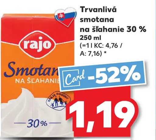 Rajo Trvanlivá smotana na šľahanie 30%