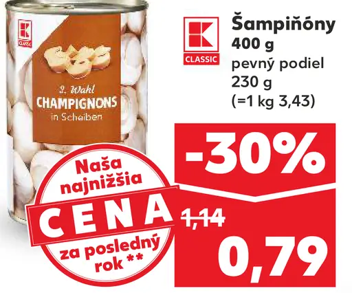 K-Classic šampiňóny krájané v náleve