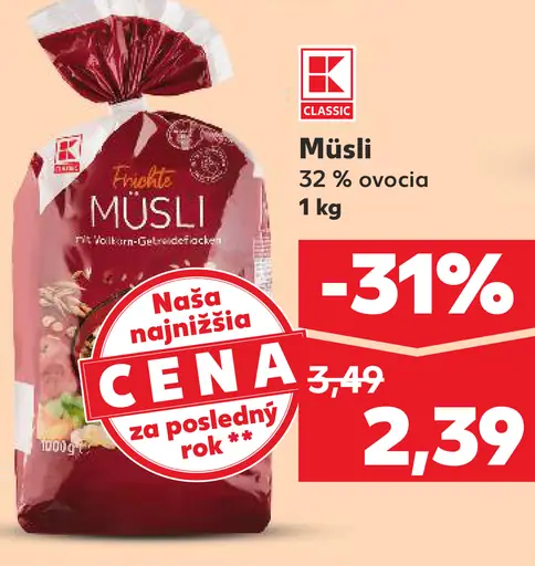K-Classic müsli 32 % ovocia