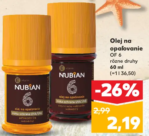 Nubian olej na opaľovanie OF 6 rôzne druhy