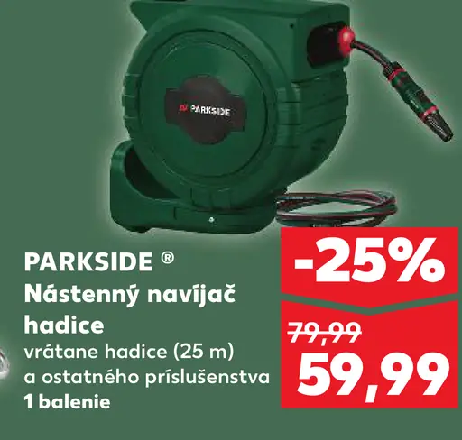 Parkside nástenný navíjač hadice vrátane hadice 25 m a príslušenstva