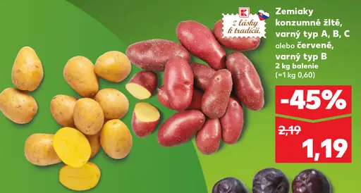 Zemiaky konzumné žlté alebo červené, varný typ A, B, C