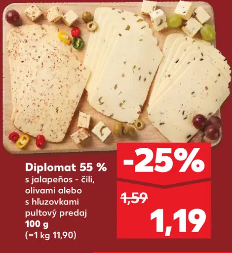 Diplomat 55 % s jalapeños, čili, olivami alebo s húbovými prísadami