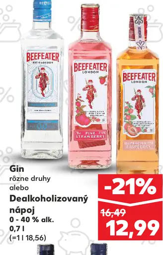 Beefeater gin rôzne druhy alebo Beefeater nealkoholizovaný nápoj 0 – 40 % alk.