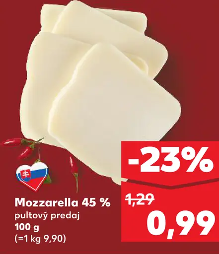 Mozzarella 45 % plátky