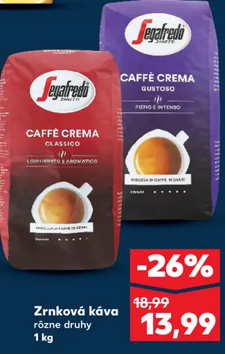 Segafredo Caffe Crema zrnková káva rôzne druhy