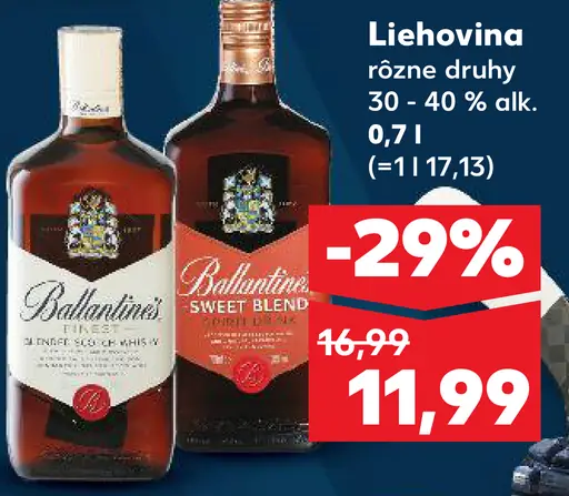 Ballantine's whisky alebo liehovina rôzne druhy 30 - 40 % alkoholu