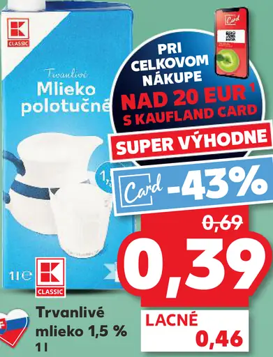 K-Classic Polotučné mlieko 1,5 %