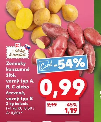 Zemiaky konzumné, skoré žlté, varný typ A alebo B, červené, varný typ B