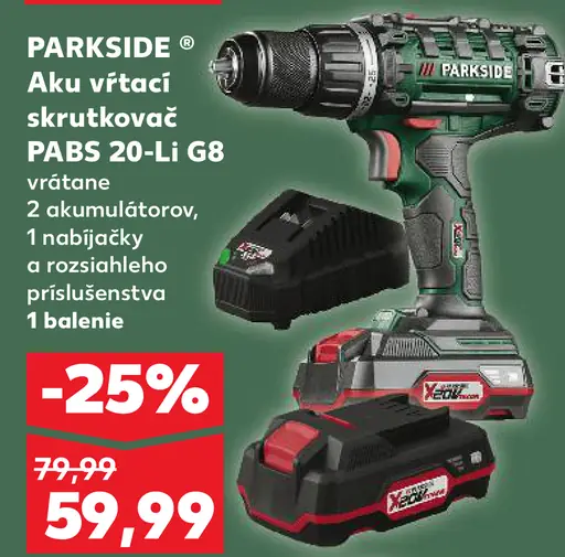 Parkside aku vŕtací skrutkovač PABS 20-Li G8