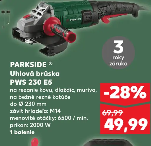 Parkside uhlová brúska PWS 230 E5 na rezanie kovu, dlaždíc a muriva